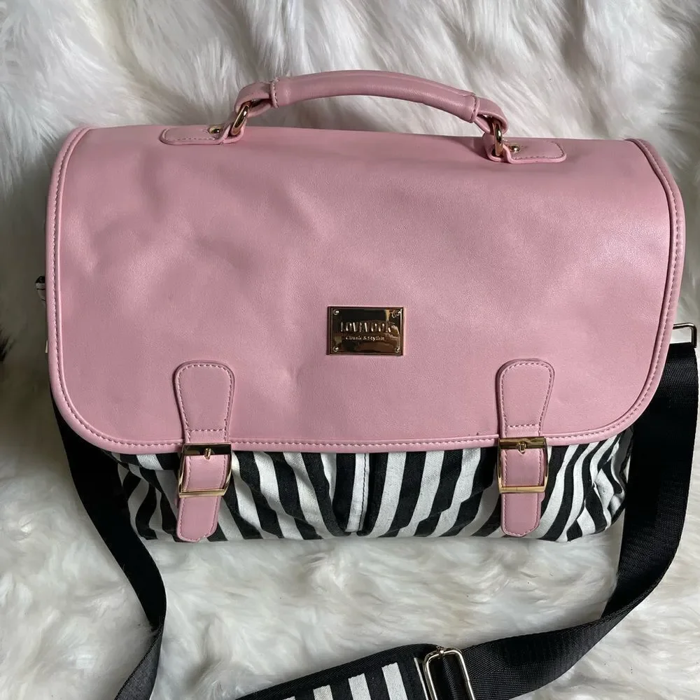 Lovevook laptop  shoulder bag Black & white stripes canvas,pink faux leather